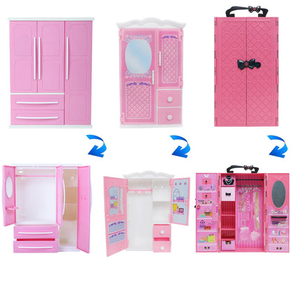 43 Pcs/Set Mix Style Doll Furniture Wardrobe Mini Dress Shoes Glasses Bag Hangers 40 Accessories for Barbie Doll Kids Gift Toys