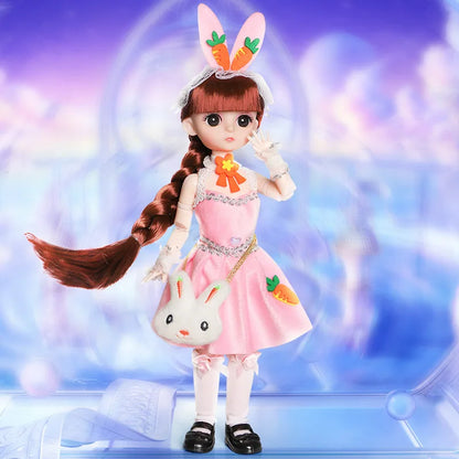 New 30cm BJD Doll Toy for Girls Children Retro Classic Wedding Dress Lolita Noble Rabbit Girl Holiday Birthday Gift Long Hair