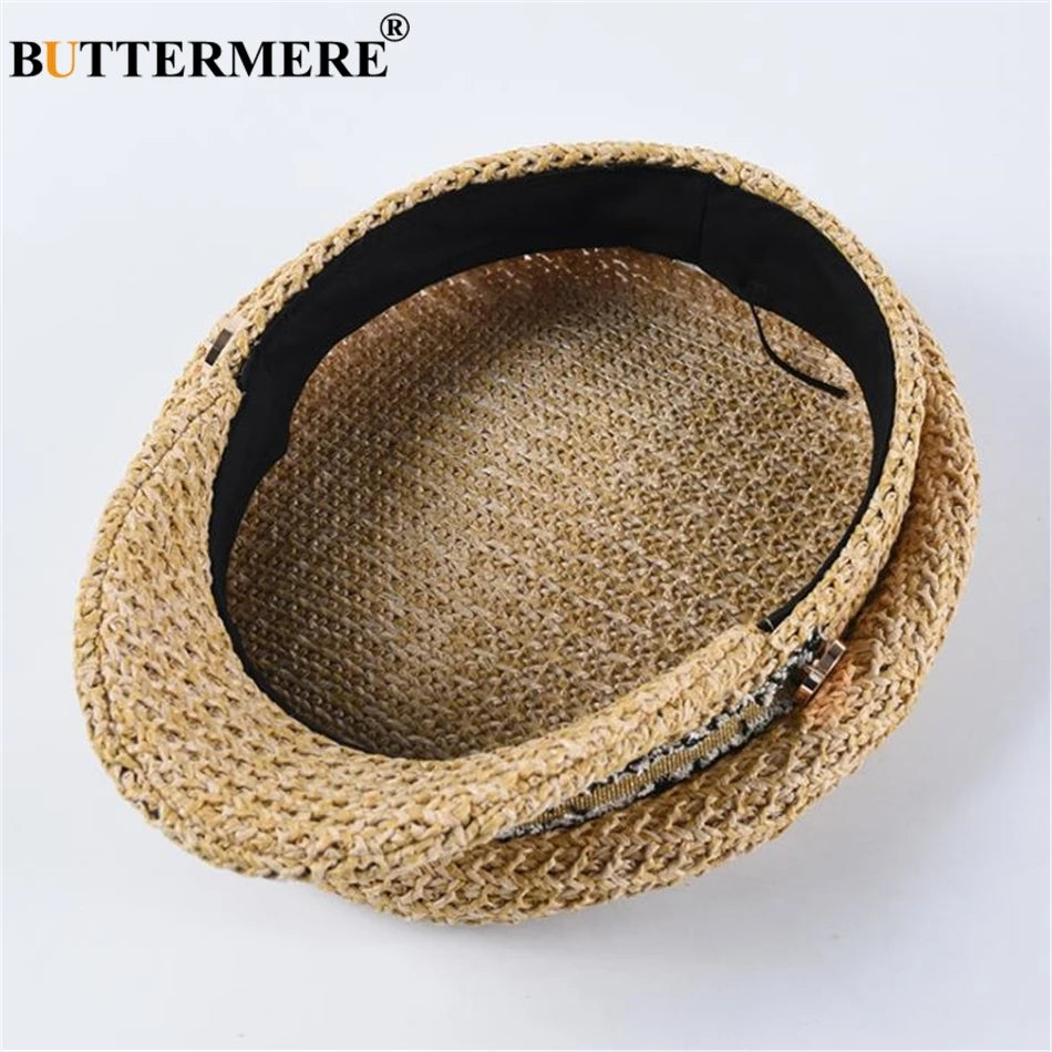 BUTTERMERE Straw Newsboy Cap Women Baker Boy Hat Female Khaki British Style Retro Designer Brand Spring Summer Octagonal Cap