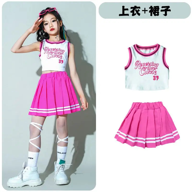 Children Hip Hop Summer Clothes Sets T-Shirt Street Dance Skirt Girls Crop Top Cute Outfits Kids Jazz Cheerleader Costumes