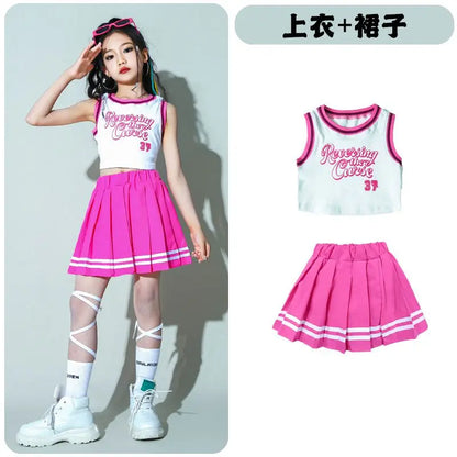 Children Hip Hop Summer Clothes Sets T-Shirt Street Dance Skirt Girls Crop Top Cute Outfits Kids Jazz Cheerleader Costumes