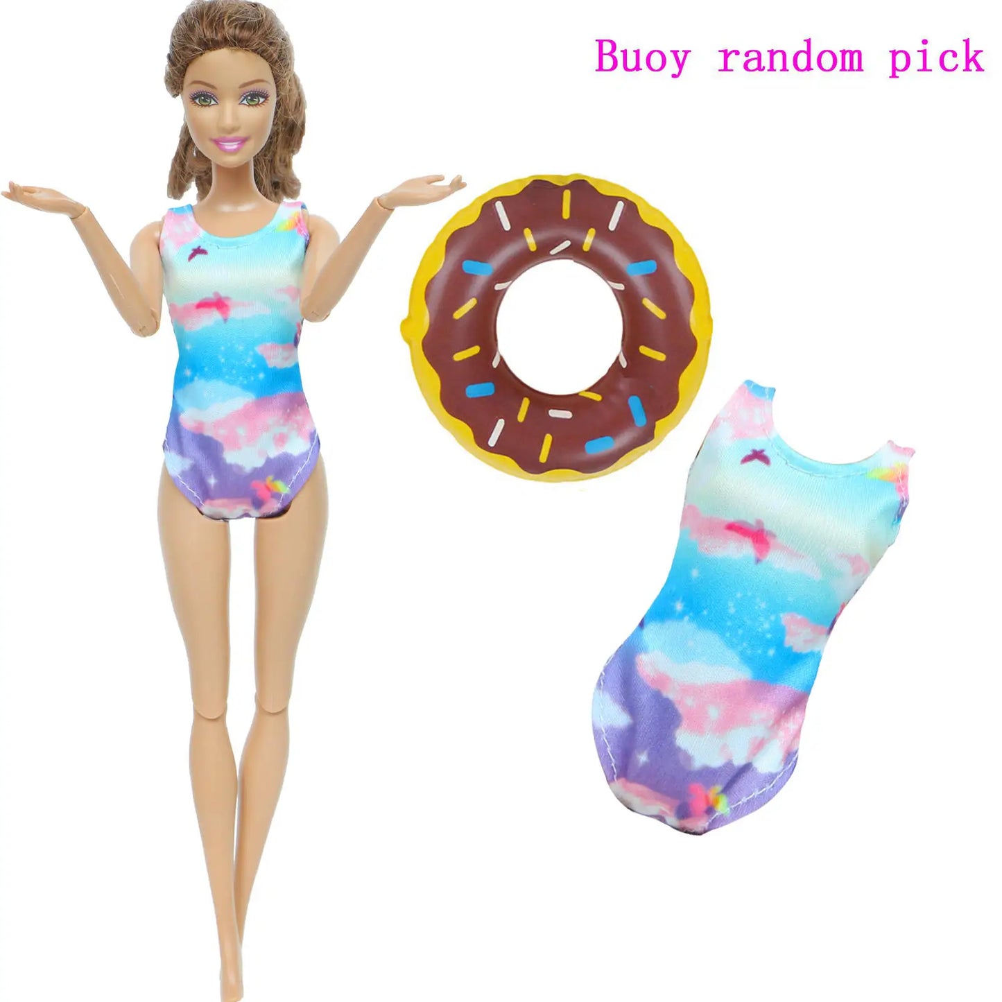 1x Doll Swimwear Beach Bathing Clothes Lovely Bikini Swimsuit + Random 1x Swimming Buoy Lifebelt Ring for Barbie Doll Baby Toys