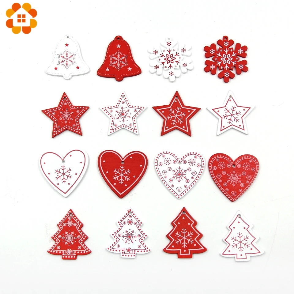 12pcs/Lot DIY White&Red Christmas Printed Wooden Pendants Ornaments for Kids Christmas Gifts Xmas Tree Ornaments Decorations