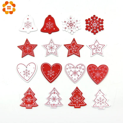 12pcs/Lot DIY White&Red Christmas Printed Wooden Pendants Ornaments for Kids Christmas Gifts Xmas Tree Ornaments Decorations