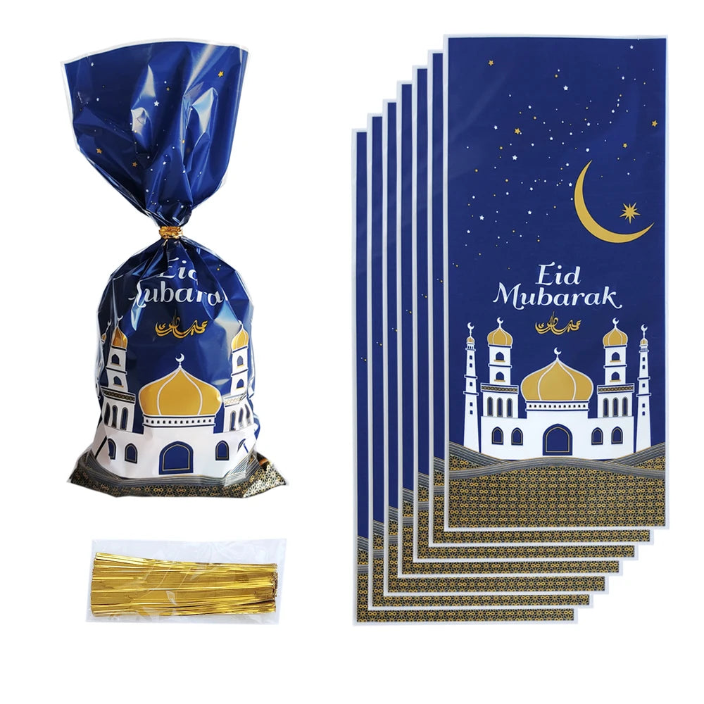 50pcs Eid Mubarak Gift Bags Plastic Candy Cookie Bag Ramadan Kareem Decoration 2024 Islamic Muslim Party Supplies Gift Packing