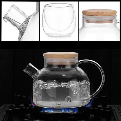 Heat Resistant Glass Tea Infuser Pot  With Wooden Cover Flower Tea Puer Kettle Coffee Cup Teapot Set Wzpi