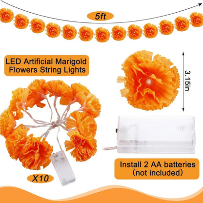 Marigold Garland Light Artificial Marigold Flowers String Light Diwali Decor Halloween Day of the Dead Atmosphere Decorations