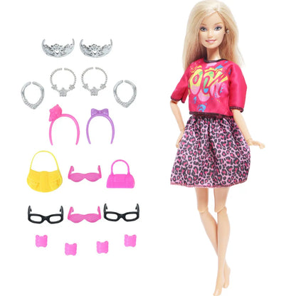 14 Pcs / Lot = 1x Fairy Tale Doll Dress + 13x Random Accessories Shoes Handbag Glasses Clothes for Barbie Doll Girl Baby Toys