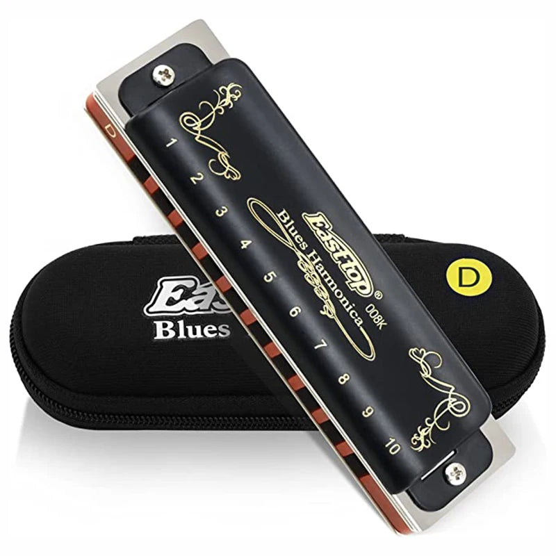 008K Diatonic Harmonica 10 Holes 20 Tones Blues Harp Mouth Organ Harmonica With Black Cover, Standard Harmonica With Canvas Bag