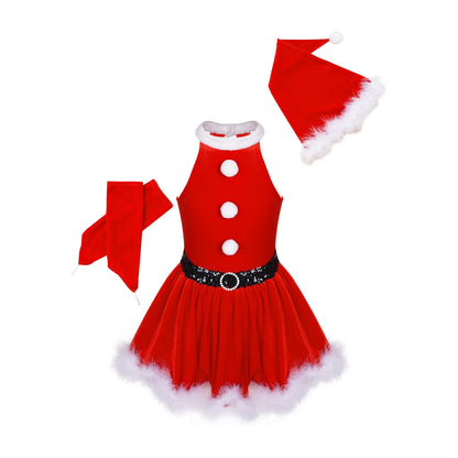 4-16y Girls Christmas Santa Claus Cosplay Costume Ballet Skating Dance Tutu Dress With Hat Gloves Xmas New Year Party Clothes