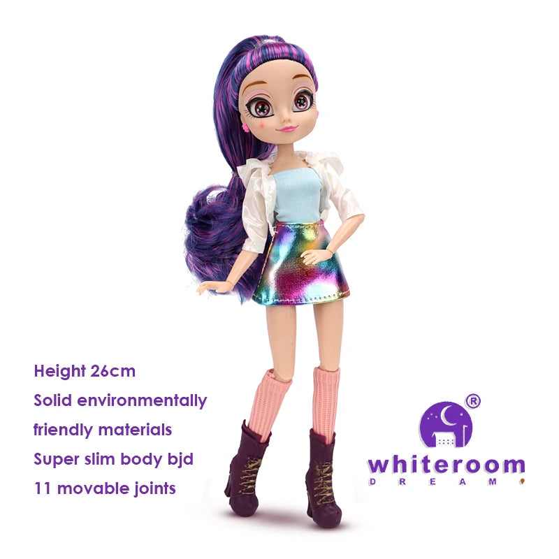 Slim 26cm Bjd Doll for Girl Purple Hair Big Eyes Fashion Princess Clothes Suit Accessories Decoration Eyelash Solid Doll Gift