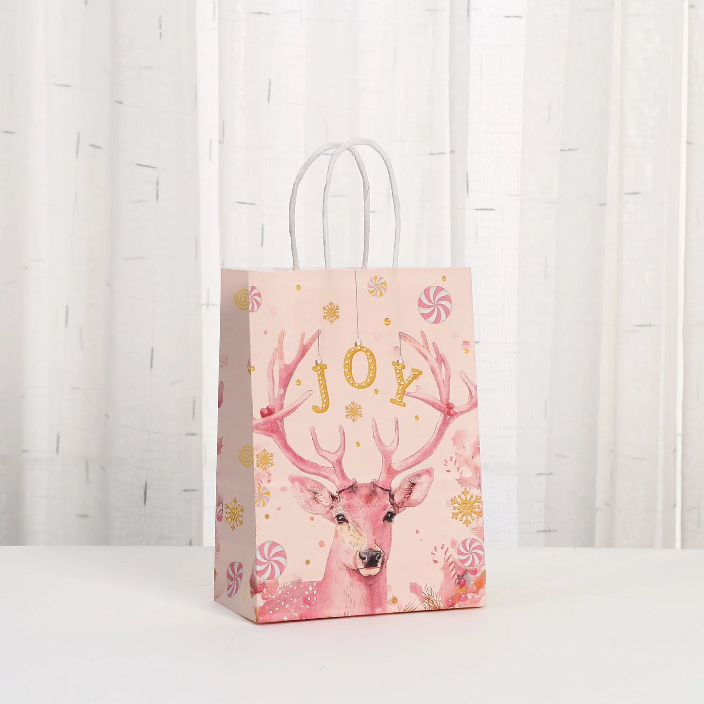 6Pcs Pink Christmas Theme Paper Gift Packing Bags Santa Claus Snowman Reindeer Candy Cookie Bag for Christmas Party Decoration