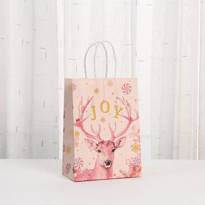 6Pcs Pink Christmas Theme Paper Gift Packing Bags Santa Claus Snowman Reindeer Candy Cookie Bag for Christmas Party Decoration