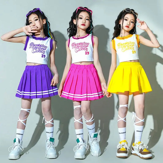 Children Hip Hop Summer Clothes Sets T-Shirt Street Dance Skirt Girls Crop Top Cute Outfits Kids Jazz Cheerleader Costumes