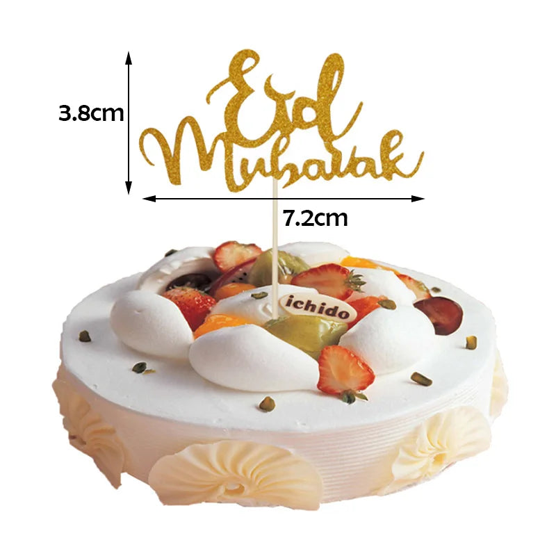 1PC Gold Sparkling Eid Mubarak Cake Topper Ramadan Cupcake Decor Ramadan Decoration 2024 Islamic Muslim Party Cake Decor