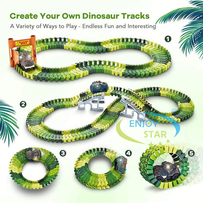 156pcs Dinosaur Railway Car Track Toy Set DIY Assemble Road Race Set With Flexible Track Dinosaur Toys Bridge Ramps Toys for Kid
