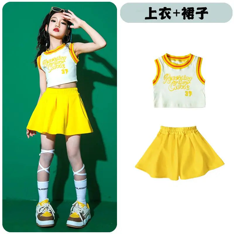 Children Hip Hop Summer Clothes Sets T-Shirt Street Dance Skirt Girls Crop Top Cute Outfits Kids Jazz Cheerleader Costumes