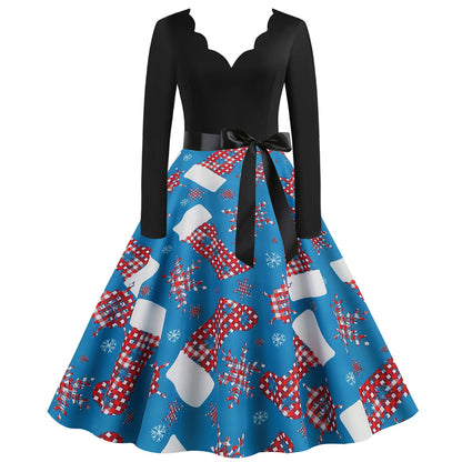 Christmas Party Women Dresses Elegant Long Sleeve Ruffle v Neck Slim A-Line Swing Pleated Dress With Bow Belt Plus Size Vestidos