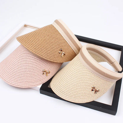 Adult Child Woman's Sun Visor Hats Female Bowknot Visor Caps Hand Made DIY Straw Summer Cap Casual Empty Top Hat Beach