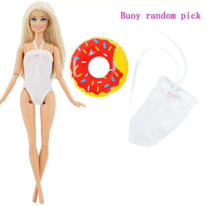 1x Doll Swimwear Beach Bathing Clothes Lovely Bikini Swimsuit + Random 1x Swimming Buoy Lifebelt Ring for Barbie Doll Baby Toys