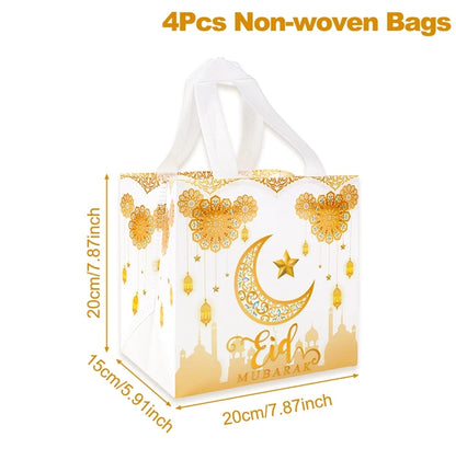 4Pcs Eid Mubarak Gift Bag Ramadan Kareem Nonwoven Pouch Cookie Candy Packaging Bags Muslim Islamic Ramadan Party Decor Supplies