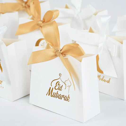5/10pcs Eid Mubarak White Small Gift Bags With Bow Ribbon Ramadan Kareem Candy Cookie Favor Boxes Muslim Party Packaging Bags