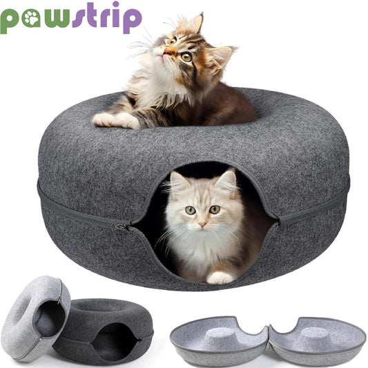 Donut Cat Bed for 2 Cats Detachable Pet Cat Tunnel Interactive Game Toy Dual-Use Felt Indoor Kitten Sports Equipment Cat Supplie