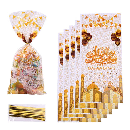 50pcs Eid Mubarak Gift Bags Plastic Candy Cookie Bag Ramadan Kareem Decoration 2024 Islamic Muslim Party Supplies Gift Packing