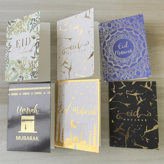 6pcs/Set Eid Mubarak Thanks Card Ramadan Decoration Gift Message Greeting Card Islamic Muslim Eid Al-Fitr Festival Party Decor