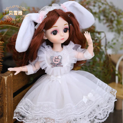New 30cm BJD Doll Toy for Girls Children Retro Classic Wedding Dress Lolita Noble Rabbit Girl Holiday Birthday Gift Long Hair
