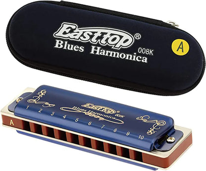East Top Harmonica 008K Blues Harp Mouth Organ10 Holes 20 Tones Diatonic Blues Harmonica With Blue Case, Top Grade Harmonica