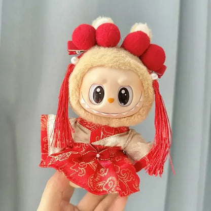 New Year Labubu Outfit for 17cm Mini Doll Chinese Style Matched Red Clothes Accessories