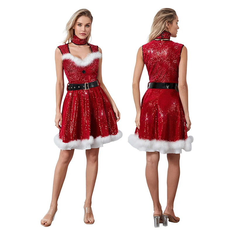 Women Santa Costume Mrs Claus Dress Cosplay Christmas V-Neck Furry Fancy Red Dress for New Year Clothes Y2k Streetwear Outfits