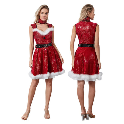 Women Santa Costume Mrs Claus Dress Cosplay Christmas V-Neck Furry Fancy Red Dress for New Year Clothes Y2k Streetwear Outfits