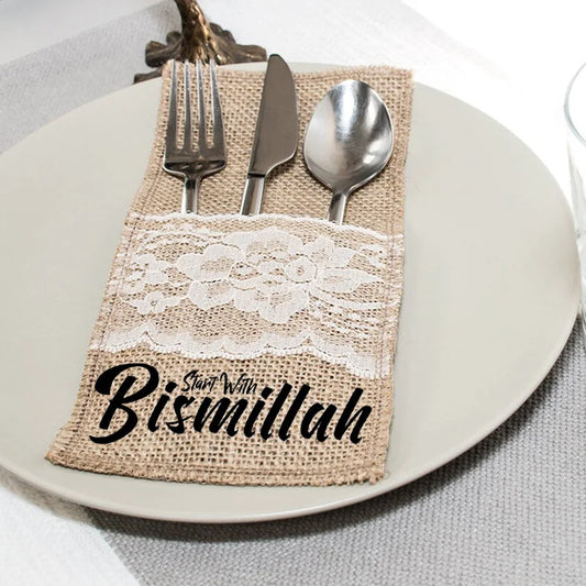 5pcs Start With Bismillah Cutlery Holder Bags Eid Mubarak Ramadan Kareem Al-Fitr Muslim Islamic Iftar Table Decoration Mom Gift