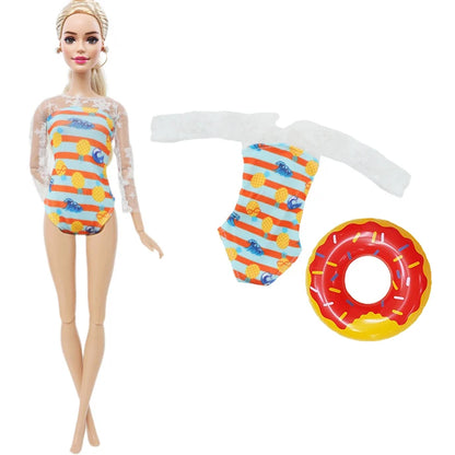 1x Doll Swimwear Beach Bathing Clothes Lovely Bikini Swimsuit + Random 1x Swimming Buoy Lifebelt Ring for Barbie Doll Baby Toys