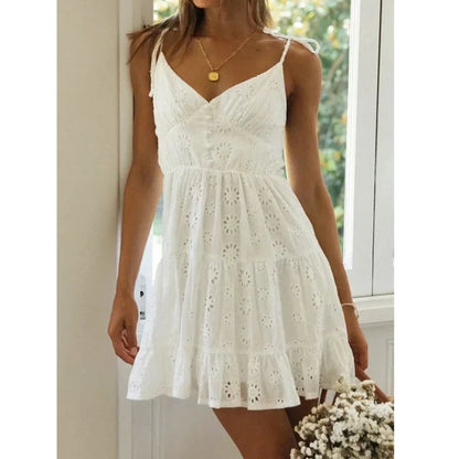 Foridol White Lace Sleeveless Summer Dress Women Hollow Out Embriodery Sundress Casual Button Beach Boho Vintage Short Dress