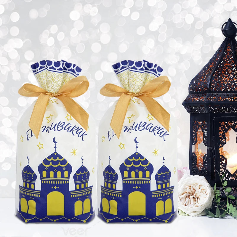 10-50Pcs Eid Mubarak Candy Bags Drawstring Cookie Gift Packaging Bag Islamic Muslim Party Supplies 2024 Ramadan Kareem Decor