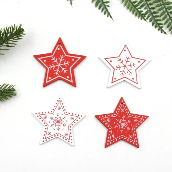 12pcs/Lot DIY White&Red Christmas Printed Wooden Pendants Ornaments for Kids Christmas Gifts Xmas Tree Ornaments Decorations