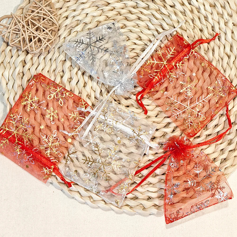 25/50/100pcs Hot Printing Organza Gift Bag for Jewelry Snowflake Drawstring Pouches for Wedding Christmas Party Candy Packing