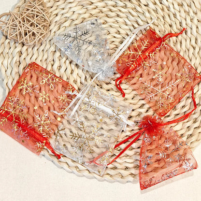 25/50/100pcs Hot Printing Organza Gift Bag for Jewelry Snowflake Drawstring Pouches for Wedding Christmas Party Candy Packing