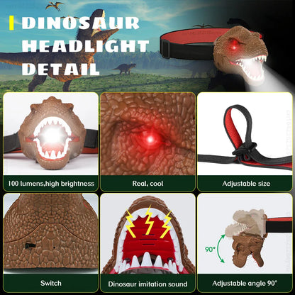 Kids Headlamp Dinosaur Headlamp for Children Kids Dinosaur Toys Child Head Flashlight T-Rex Dinosaur Head Lamp Christmas Gift