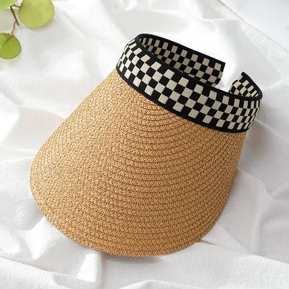 Adult Child Woman's Sun Visor Hats Female Bowknot Visor Caps Hand Made DIY Straw Summer Cap Casual Empty Top Hat Beach