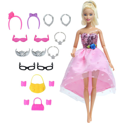 14 Pcs / Lot = 1x Fairy Tale Doll Dress + 13x Random Accessories Shoes Handbag Glasses Clothes for Barbie Doll Girl Baby Toys