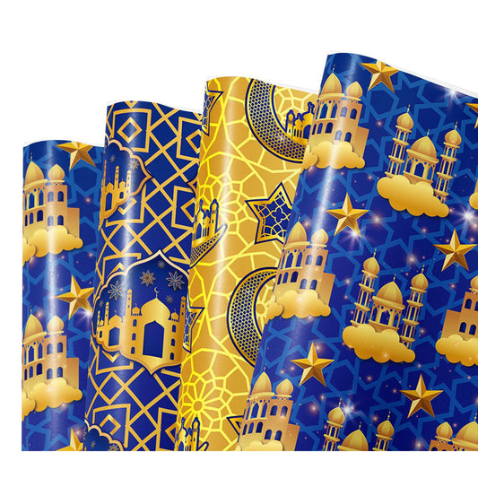 MorSun 12pcs Moon Mosque Patterns Eid Mubarak Gift Wrapping Paper in 4 Designs for for Islam Baby Shower Celebration Party