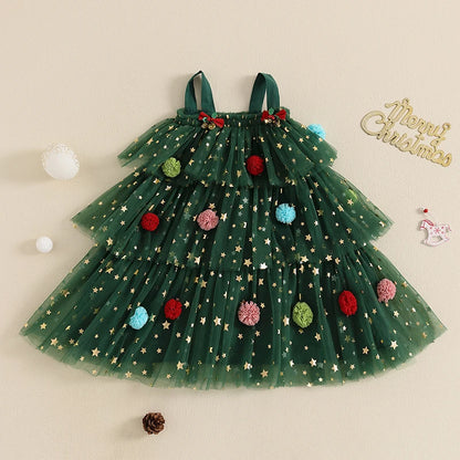 FOCUSNORM 1-9y 2 Colors Little Girls Christmas Dress Strap Sleeveless Star Print Lace Layered Tulle Sundress With Plush Ball Hat