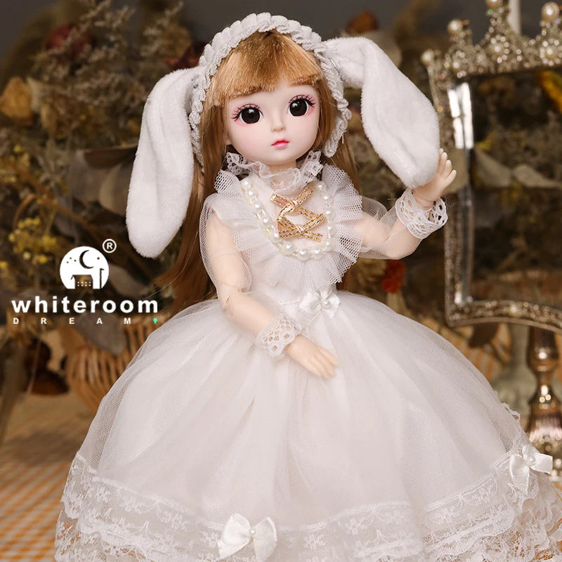 New 30cm BJD Doll Toy for Girls Children Retro Classic Wedding Dress Lolita Noble Rabbit Girl Holiday Birthday Gift Long Hair