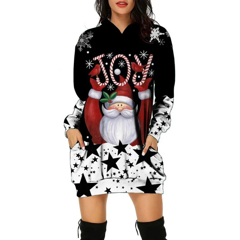 Christmas Tree Print Women Party Knitted Hoodie Dress Women Evening Dress Autumn Fashion Loose Sexy Mini Festival Famale Clothes