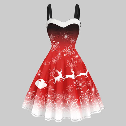 2024 Women's Christmas Dresses Faux Fur Panel Christmas Elk Snowflake Print Cami Dress Sleeveless Sweetheart Neck Mini Dress
