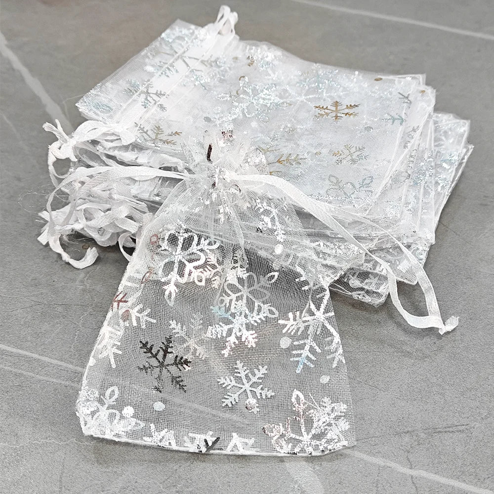25/50/100pcs Hot Printing Organza Gift Bag for Jewelry Snowflake Drawstring Pouches for Wedding Christmas Party Candy Packing